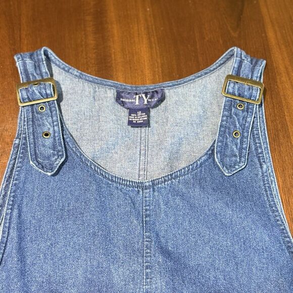 Vintage 90s Denim Overall Jumper Dress Size 12 Adj Straps Pockets Back Split Hem - Picture 3 of 10